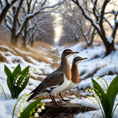 Birds standing in snowy landscape