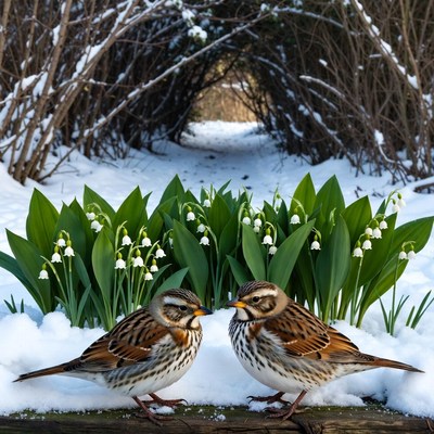 Birds near flowers in winter snow