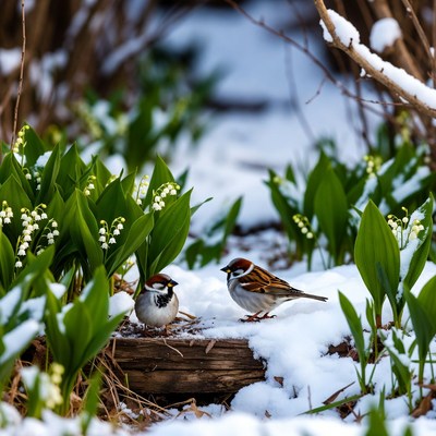 Birds in snow among spring flowers