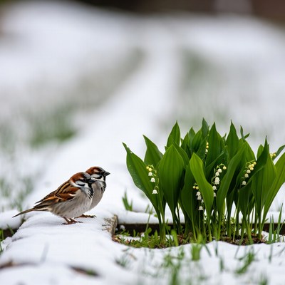 Bird and flowers in snowy setting