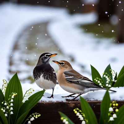 Birds in snow with flowers