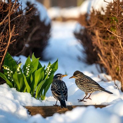 Birds near snow and flowers