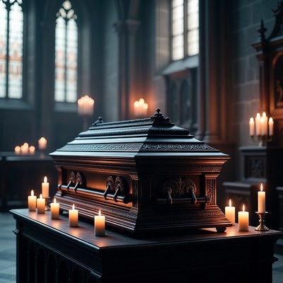 Candlelit setting with a wooden coffin