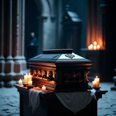 Candlelight around the wooden coffin