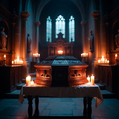 Candlelit coffin in church