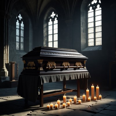 Coffin surrounded by candles in church