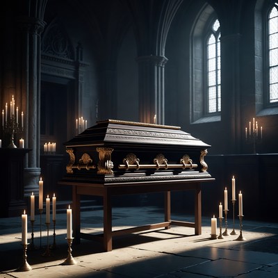 Candlelit funeral scene in chapel