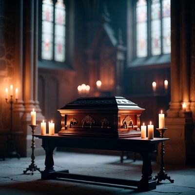Coffin surrounded by candles in dark space