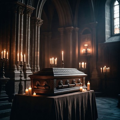 Coffin in dimly lit chapel
