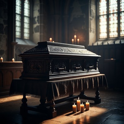 Candlelit coffin in old chapel