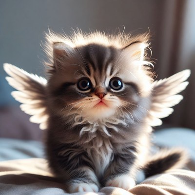 Cat with wings sitting on bed