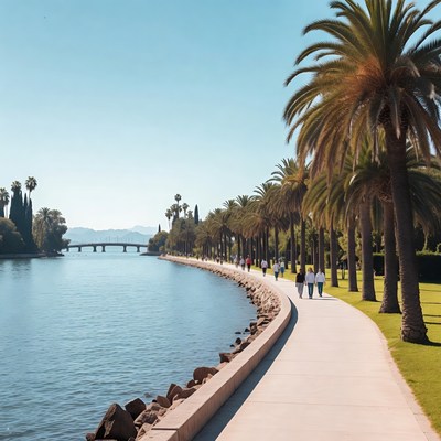 People walking along the riverbank at noon