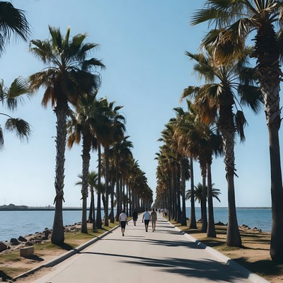 People walking by the waterfront under palm trees