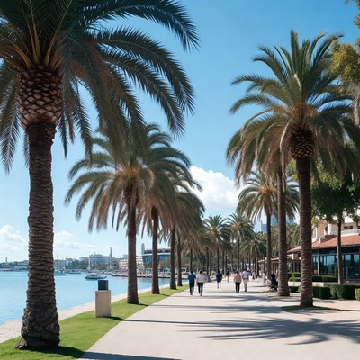 Palm trees lining waterfront walkway