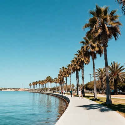 Palm tree lined walkway by the water