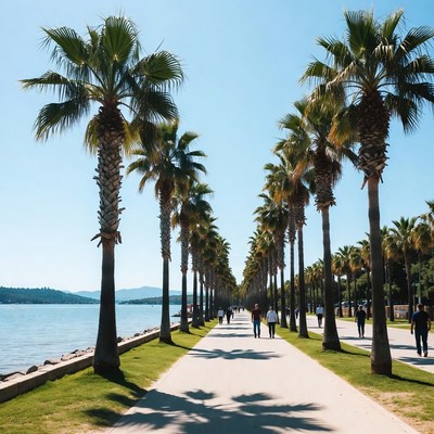 Walking along the palm tree path