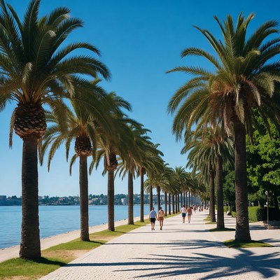 People walking along palm tree path