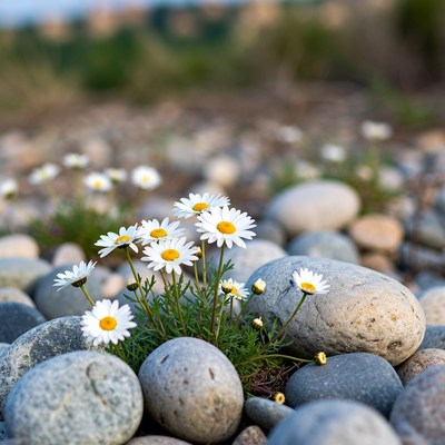 Daisies growing among river stones