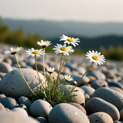 Daisies growing among stones