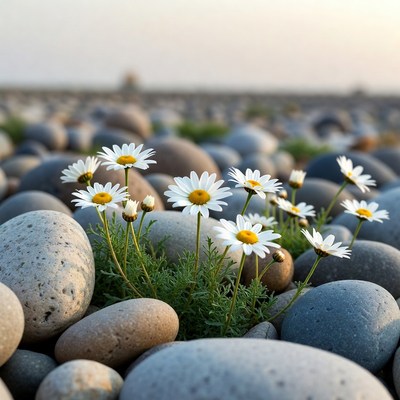 Daisies blooming among pebbles