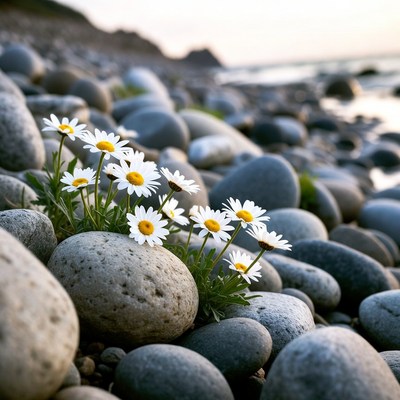 Wildflowers grow among pebbles by the sea