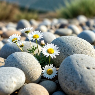 Daisies growing between stones