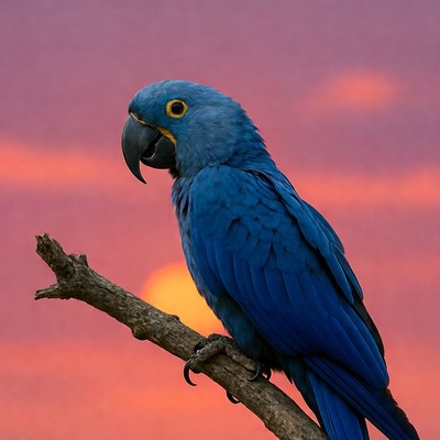 Blue parrot at sunset in nature