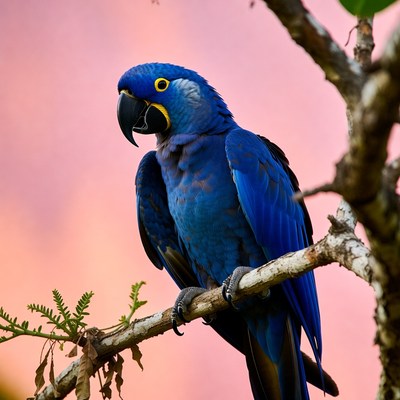 Parrot perched on a branch at sunset