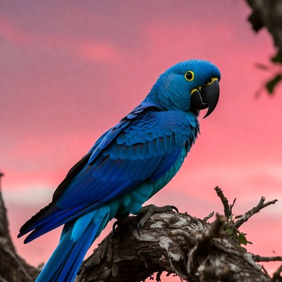 Bright blue parrot on tree branch during sunset