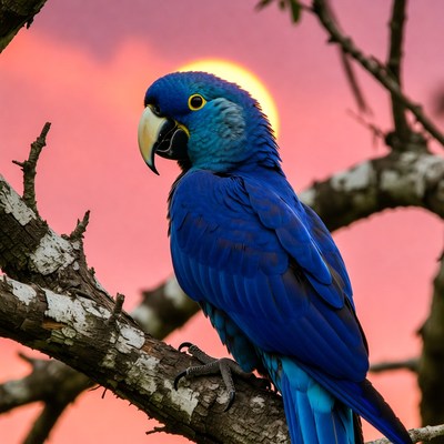 Blue parrot at sunset in nature