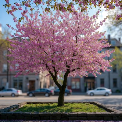 Cherry tree blooms in city park
