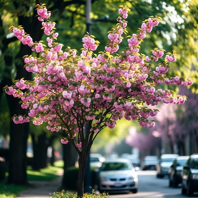 Pink flowers bloom along city street