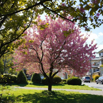 Pink tree in the park on spring day
