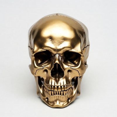 Metal skull on display in bright light