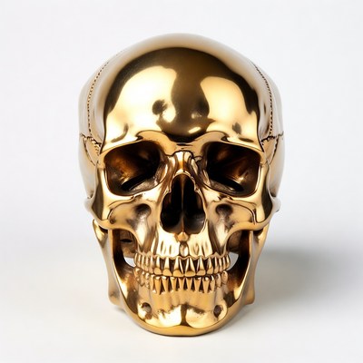 Golden skull on display in clean background