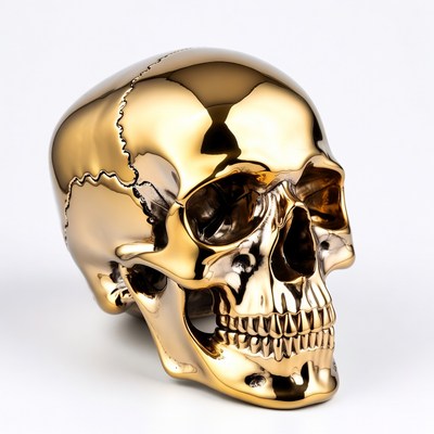 Golden skull with shiny surface on display