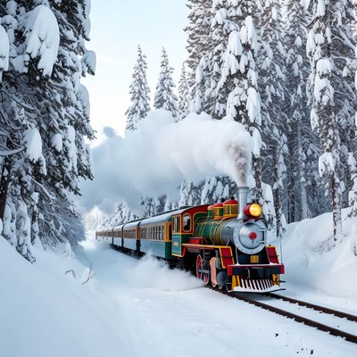 Steam train travels through snowy forest