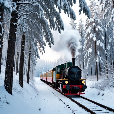 Train travels through snowy forest