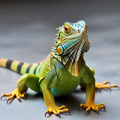 Bright green iguana in close-up view