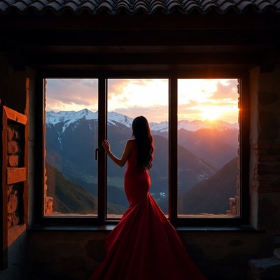 Sunset view from mountain cabin