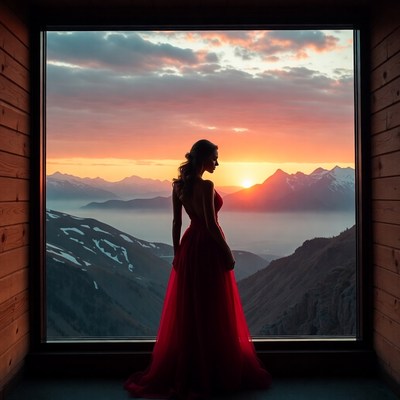 Woman at sunset in mountain view