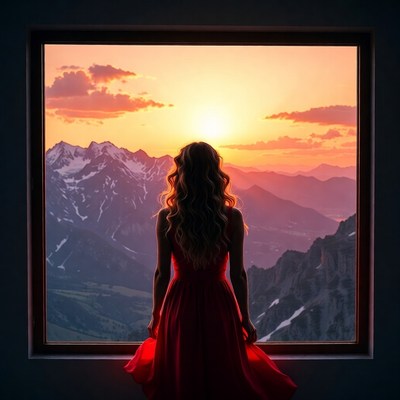 Mountain sunset view from a window