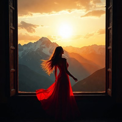 Woman at sunset near mountains