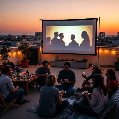 Outdoor movie night on rooftop terrace