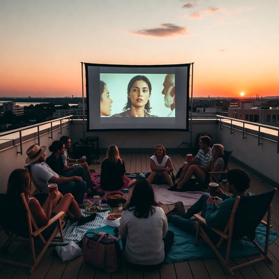Outdoor movie night on the rooftop