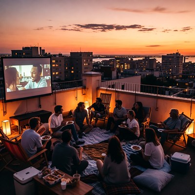 Outdoor movie night on rooftop terrace