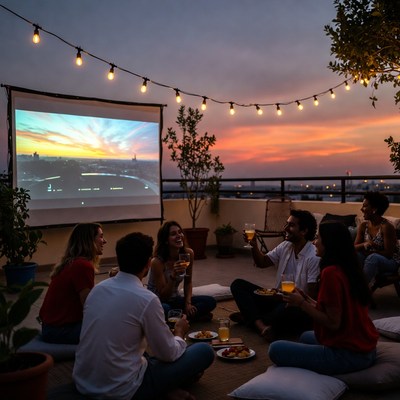 Outdoor movie night on rooftop terrace