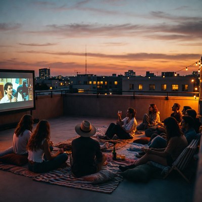 Outdoor movie night with friends on rooftop