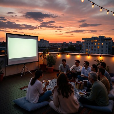 Friends watch movie on rooftop at sunset