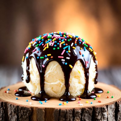 Delicious ice cream dessert with toppings
